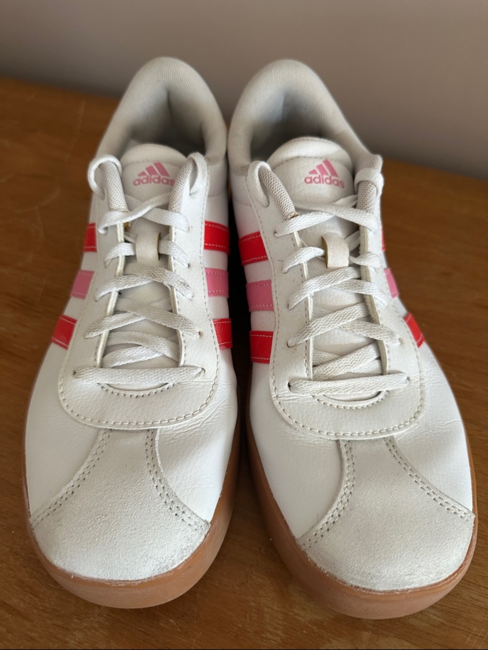 Adidas White Pink Stripe Sneakers | Gum Sole | Size 8.5 (kids 7/ women 8.5) - Picture 3 of 7